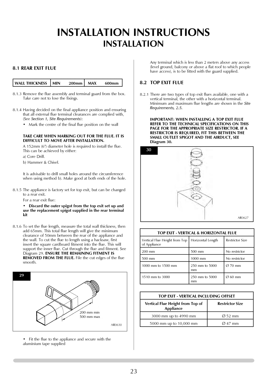 Stovax Studio 22 manual Wall Thickness MIN, Max, TOP Exit Vertical & Horizontal Flue, TOP Exit Vertical Including Offset 