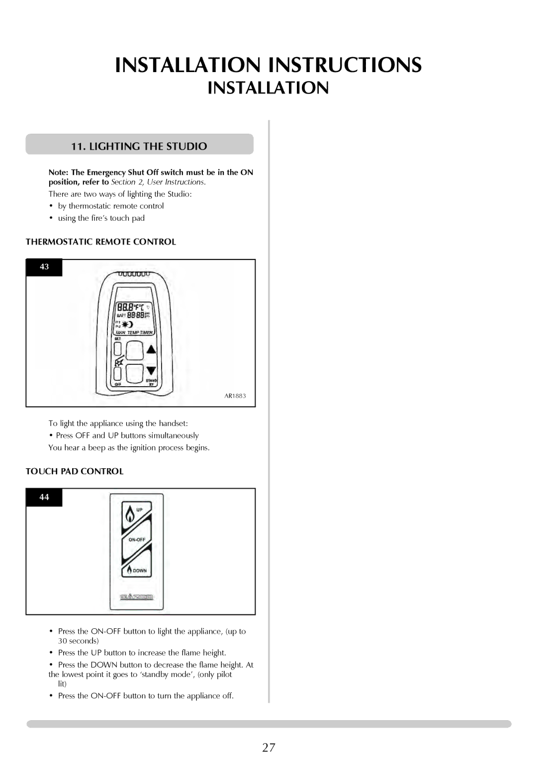 Stovax Studio 22 manual Lighting the Studio, Thermostatic Remote Control 