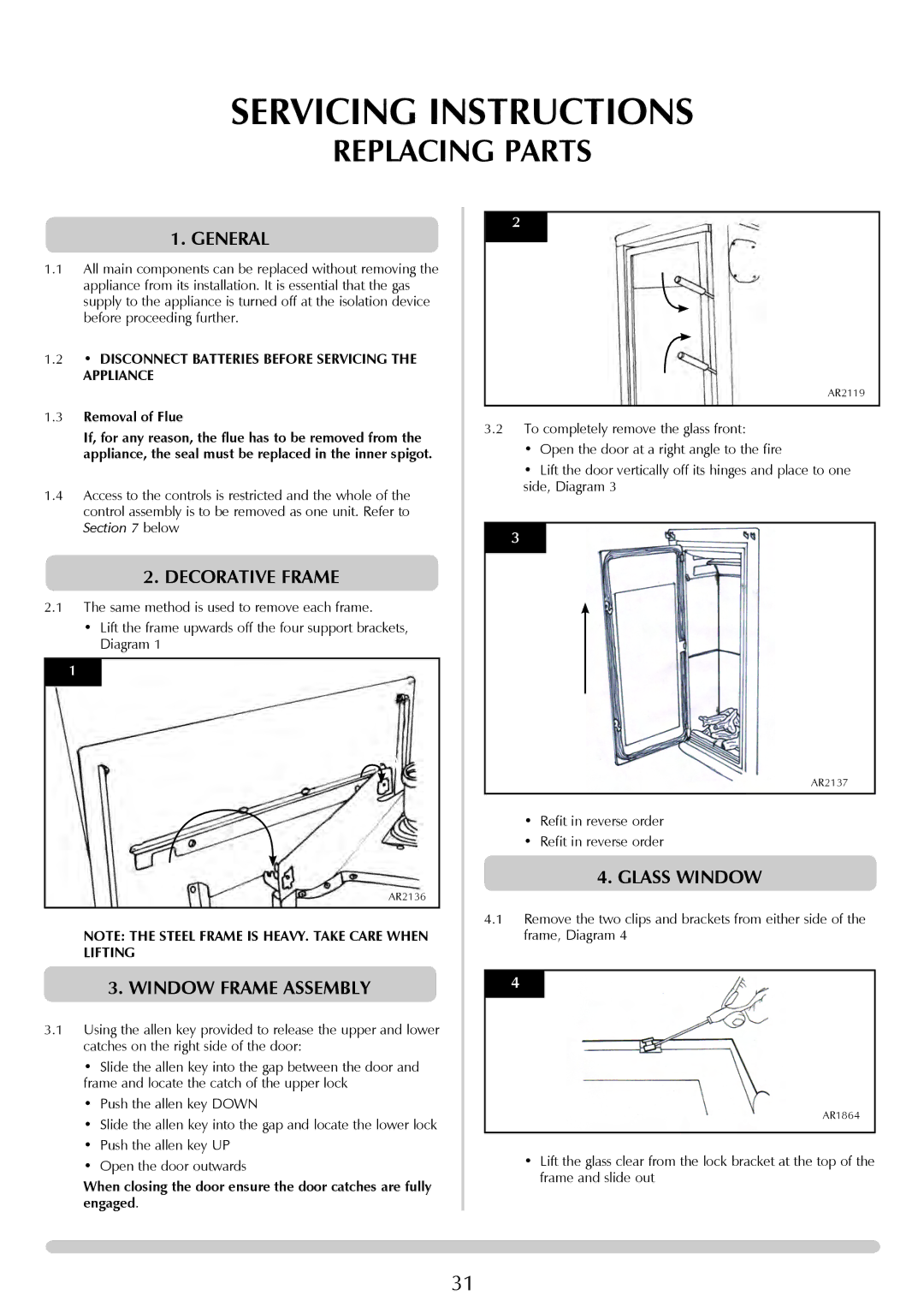 Stovax Studio 22 manual Replacing Parts, General, Decorative Frame, Window Frame Assembly, Glass Window 