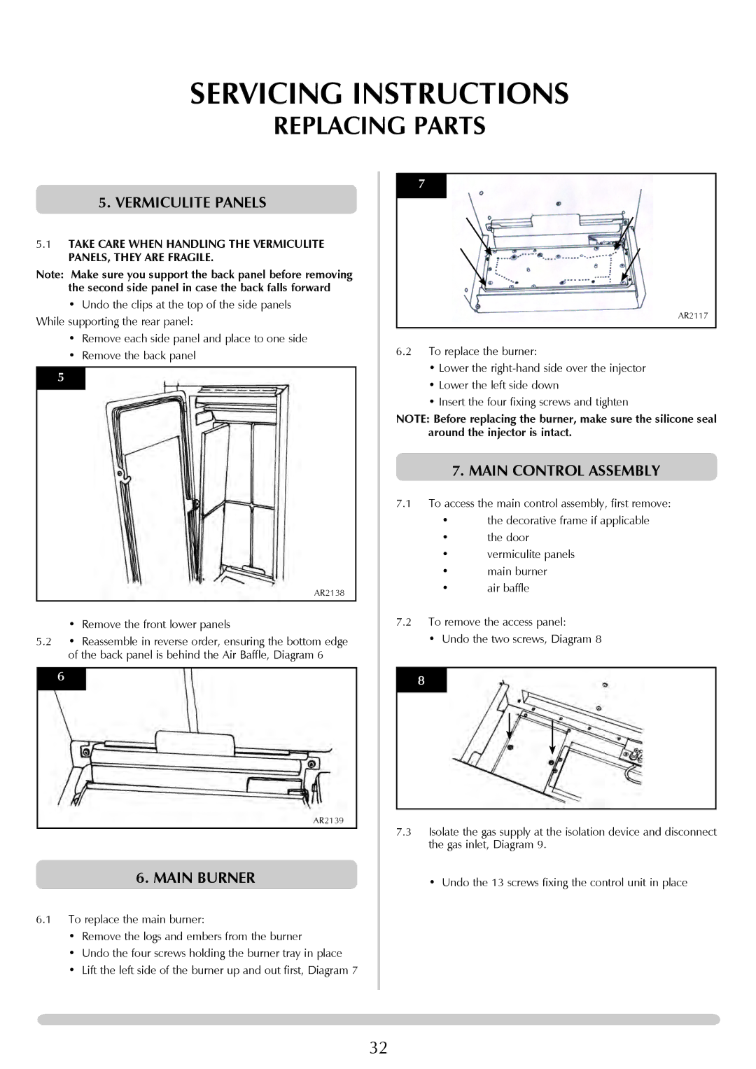 Stovax Studio 22 manual Vermiculite Panels, MaIN Burner, MaIN Control Assembly 