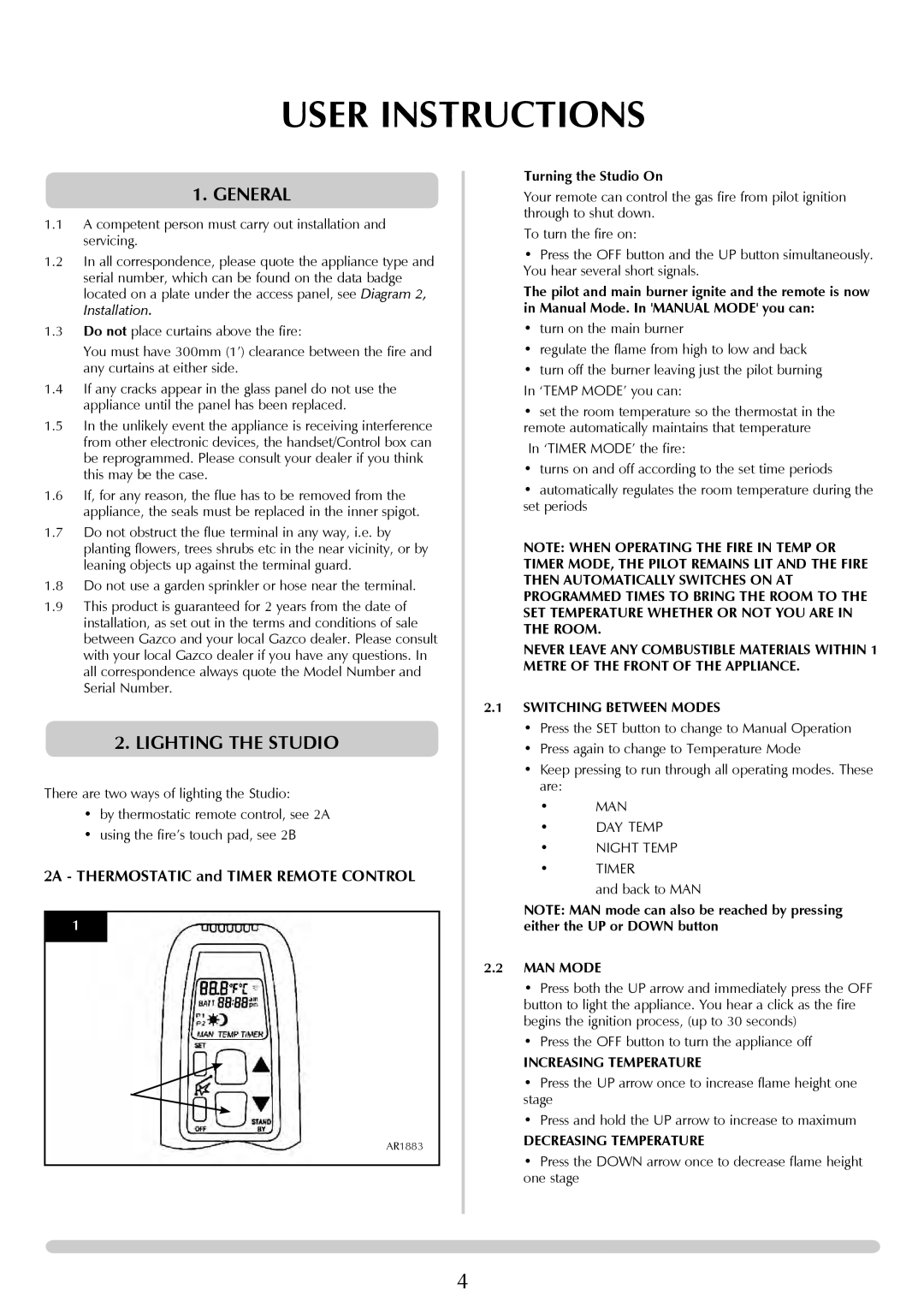 Stovax Studio 22 manual General, Lighting the Studio, MAN Mode, Increasing Temperature, Decreasing Temperature 