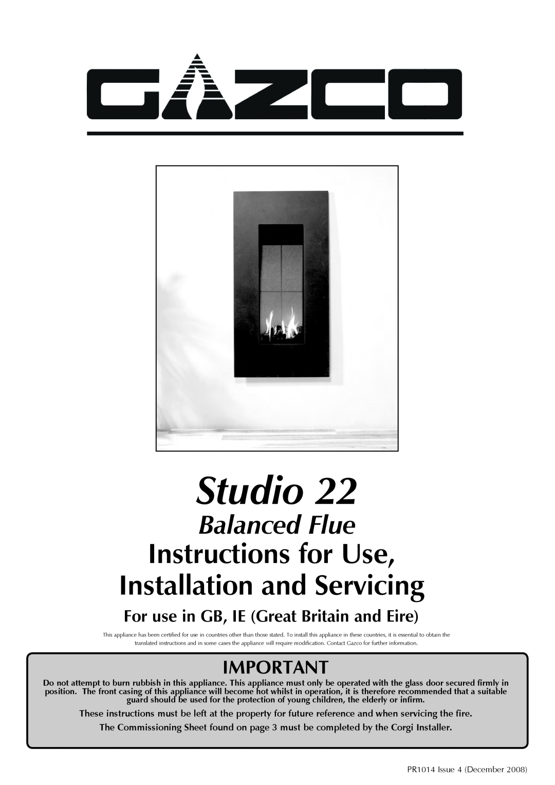 Stovax Studio 22 manual Instructions for Use Installation and Servicing, Balanced Flue 