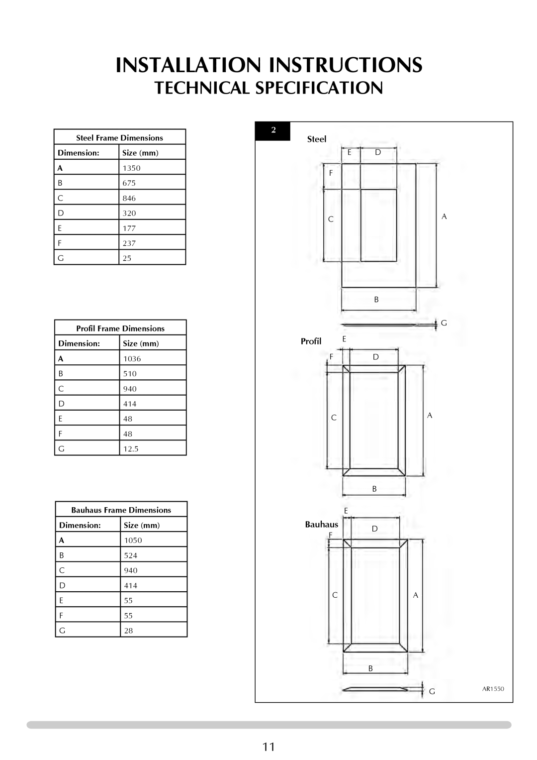 Stovax Studio 22 manual Installation Instructions, Technical Specification, Steel, Profil E, Bauhaus 