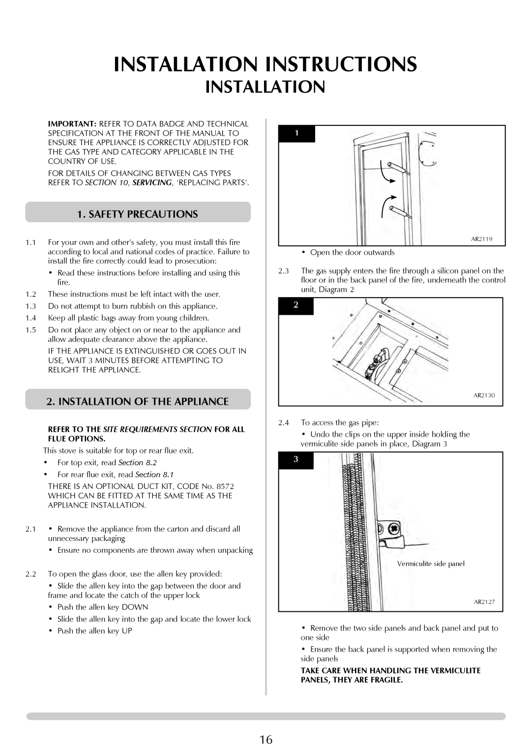 Stovax Studio 22 manual Safety Precautions, installation of the appliance, Installation Instructions 