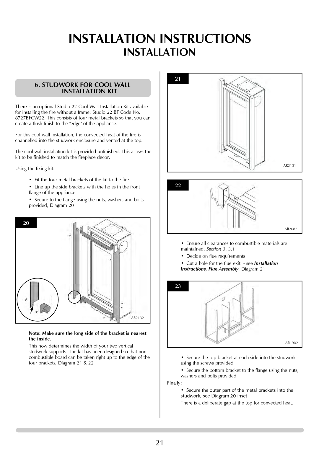 Stovax Studio 22 manual Studwork For Cool Wall Installation Kit, Installation Instructions 