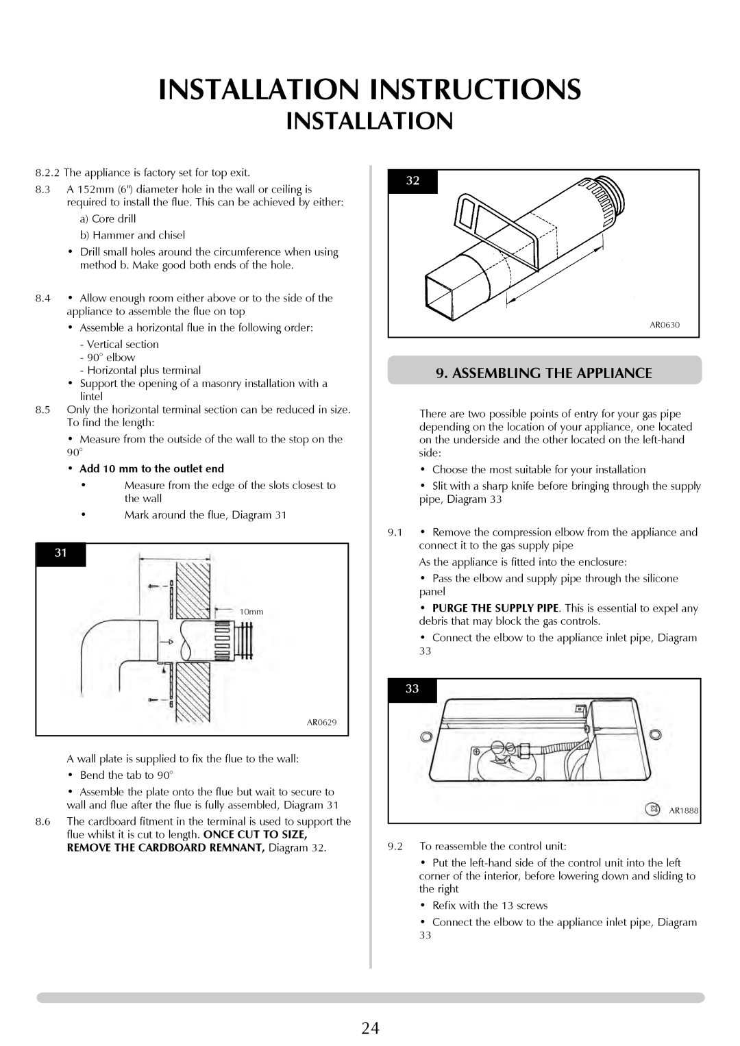 Stovax Studio 22 manual Assembling The Appliance, Installation Instructions, Add 10 mm to the outlet end 
