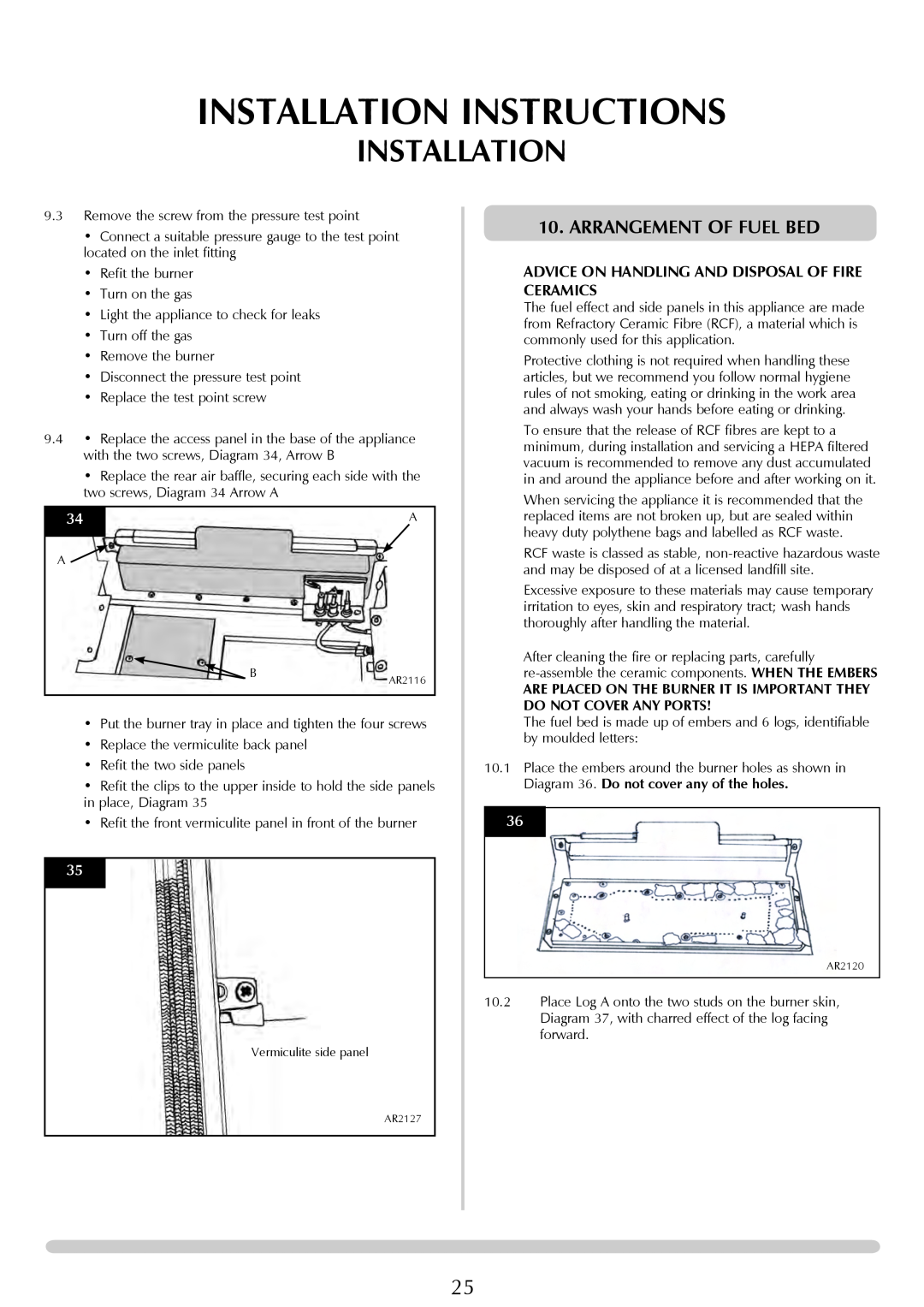 Stovax Studio 22 manual Arrangement Of Fuel Bed, Installation Instructions 