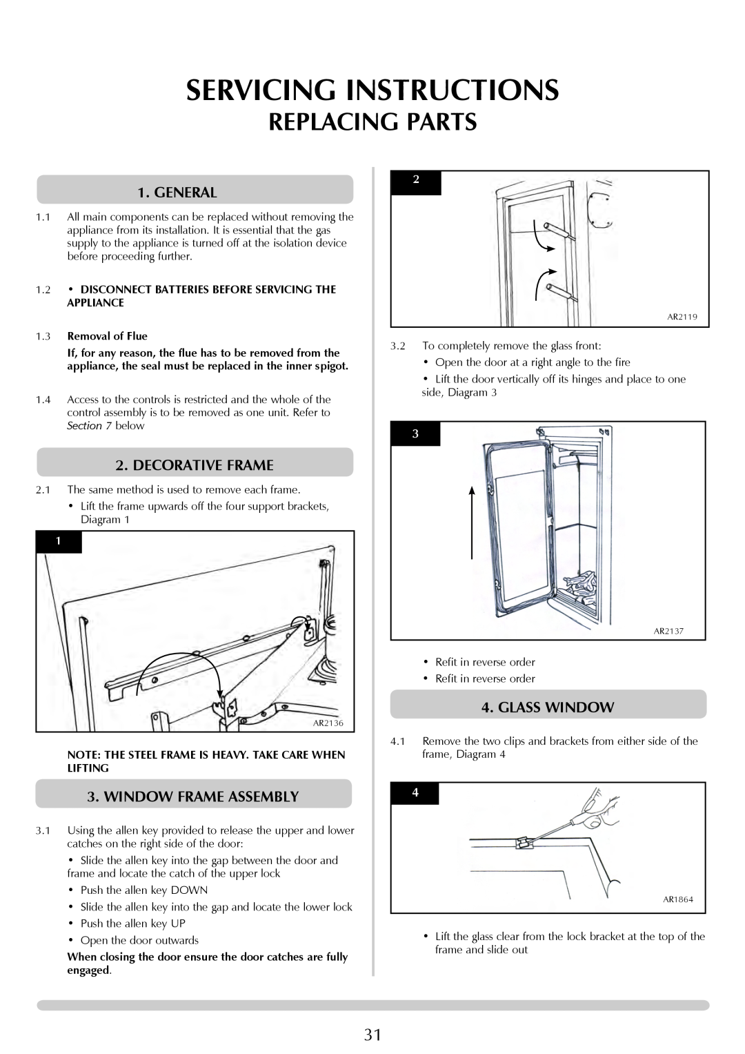 Stovax Studio 22 Replacing Parts, General, Decorative Frame, Window Frame Assembly, Glass Window, Servicing Instructions 