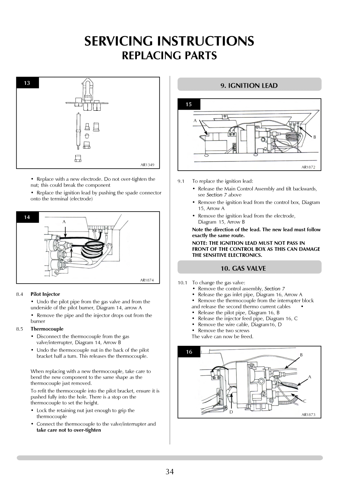 Stovax Studio 22 Ignition Lead, Gas Valve, Servicing Instructions, Replacing Parts, 8.4Pilot Injector, 8.5Thermocouple 
