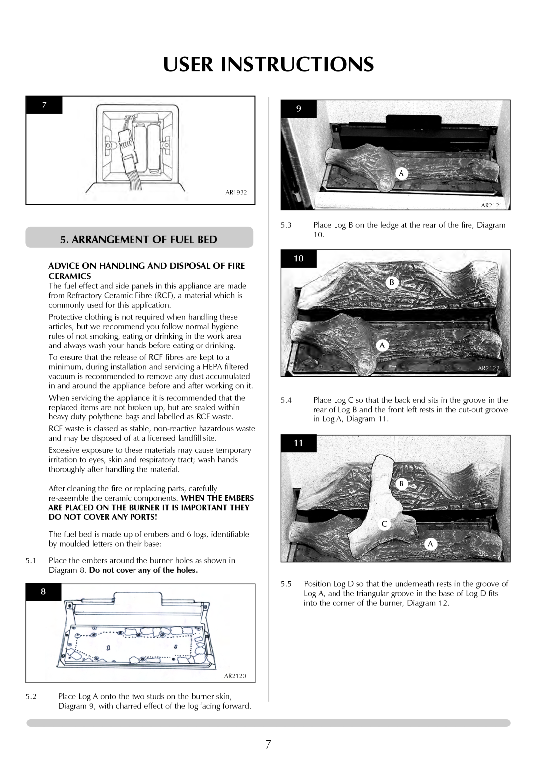 Stovax Studio 22 manual Arrangement Of Fuel Bed, User Instructions, Advice On Handling And Disposal Of Fire Ceramics 