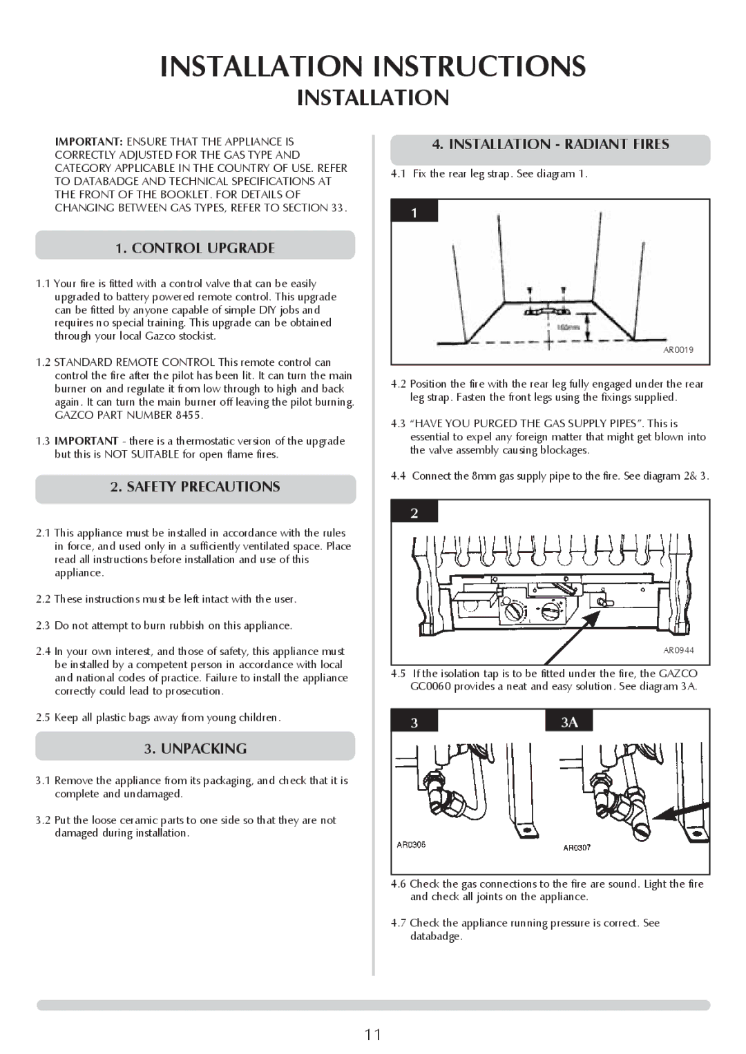 Stovax VFC Radiant & Convector Fire Range manual Installation, Control Upgrade, Safety Precautions, Unpacking 