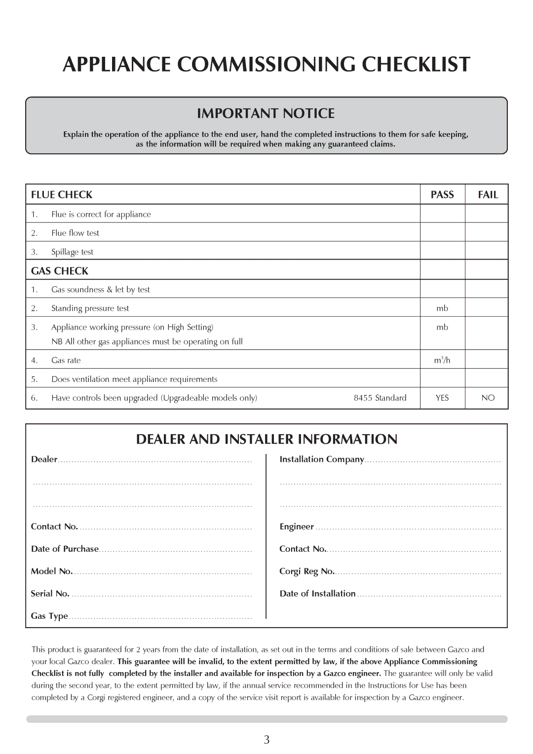 Stovax VFC Radiant & Convector Fire Range manual Appliance Commissioning Checklist, Flue Check Pass Fail, GAS Check 