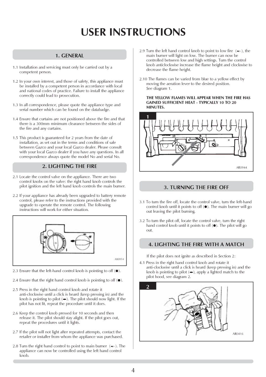 Stovax VFC Radiant & Convector Fire Range manual User Instructions, General, Lighting the Fire, Turning the Fire OFF 