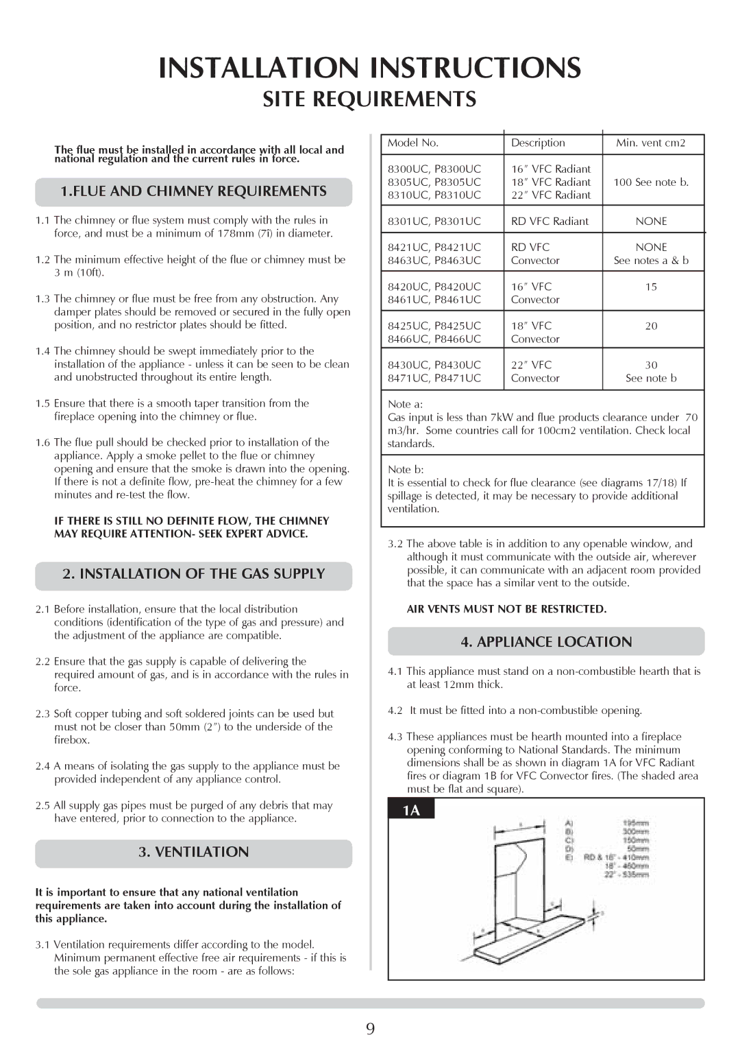 Stovax VFC Radiant & Convector Fire Range Installation Instructions, Site Requirements, Flue and Chimney Requirements 