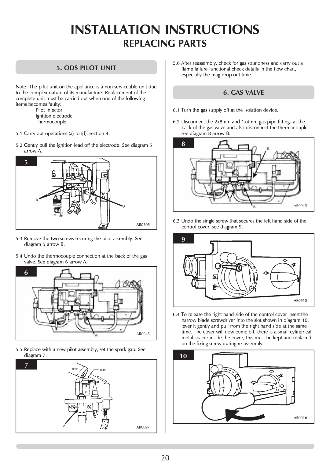 Stovax VFC Radiant & Convector Fire Range manual Installation Instructions, Replacing Parts, Ods Pilot Unit, Gas Valve 