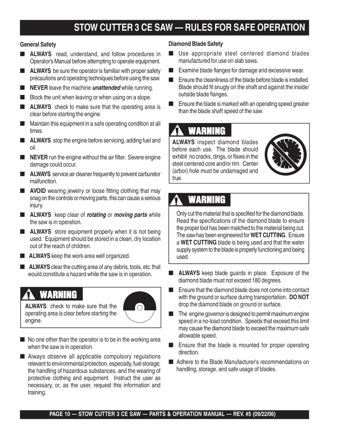 Stow 20HP, 13HP manual General Safety, Diamond Blade Safety 