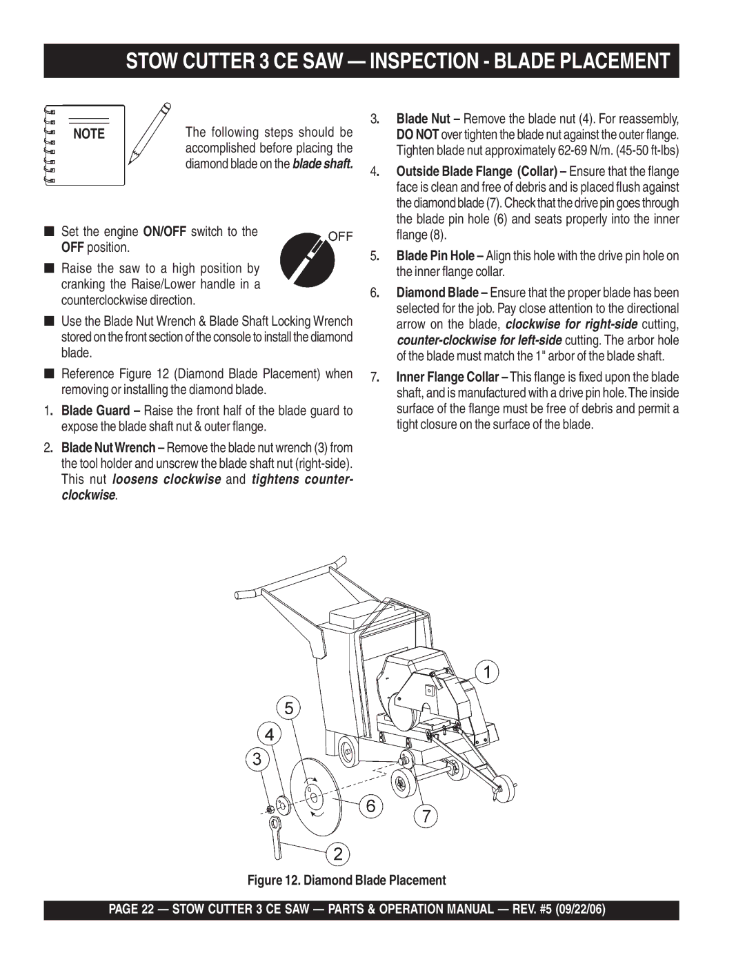 Stow 20HP, 13HP manual Set the engine ON/OFF switch to the OFF position, Flange, Inner flange collar 