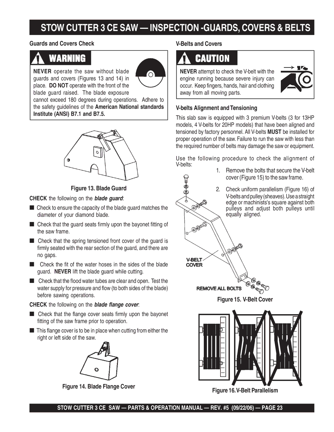 Stow 13HP, 20HP Guards and Covers Check, Institute Ansi B7.1 and B7.5, Belts and Covers, Belts Alignment and Tensioning 