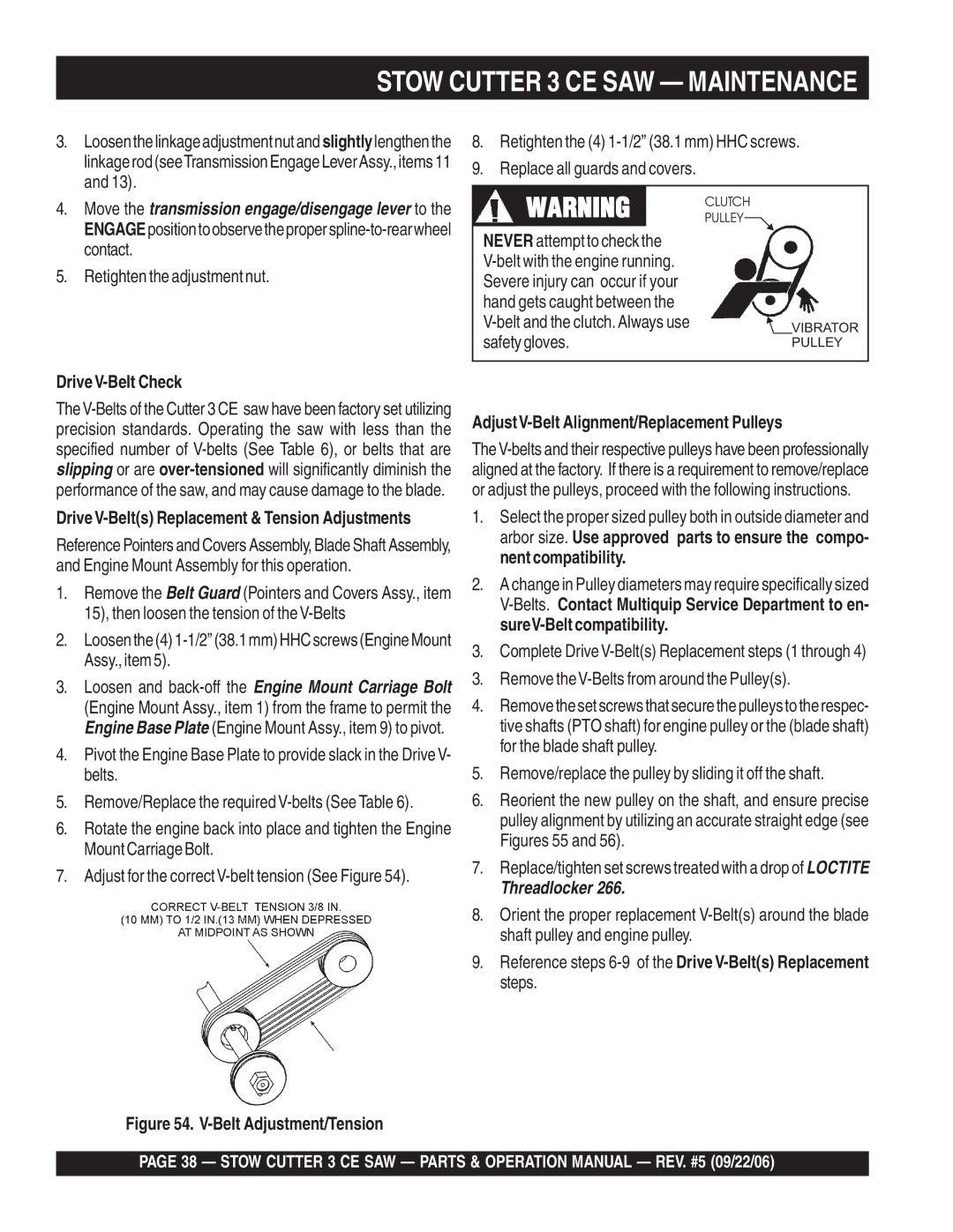 Stow 20HP, 13HP manual Contact, Retighten the adjustment nut, DriveV-Belt Check, AdjustV-Belt Alignment/Replacement Pulleys 