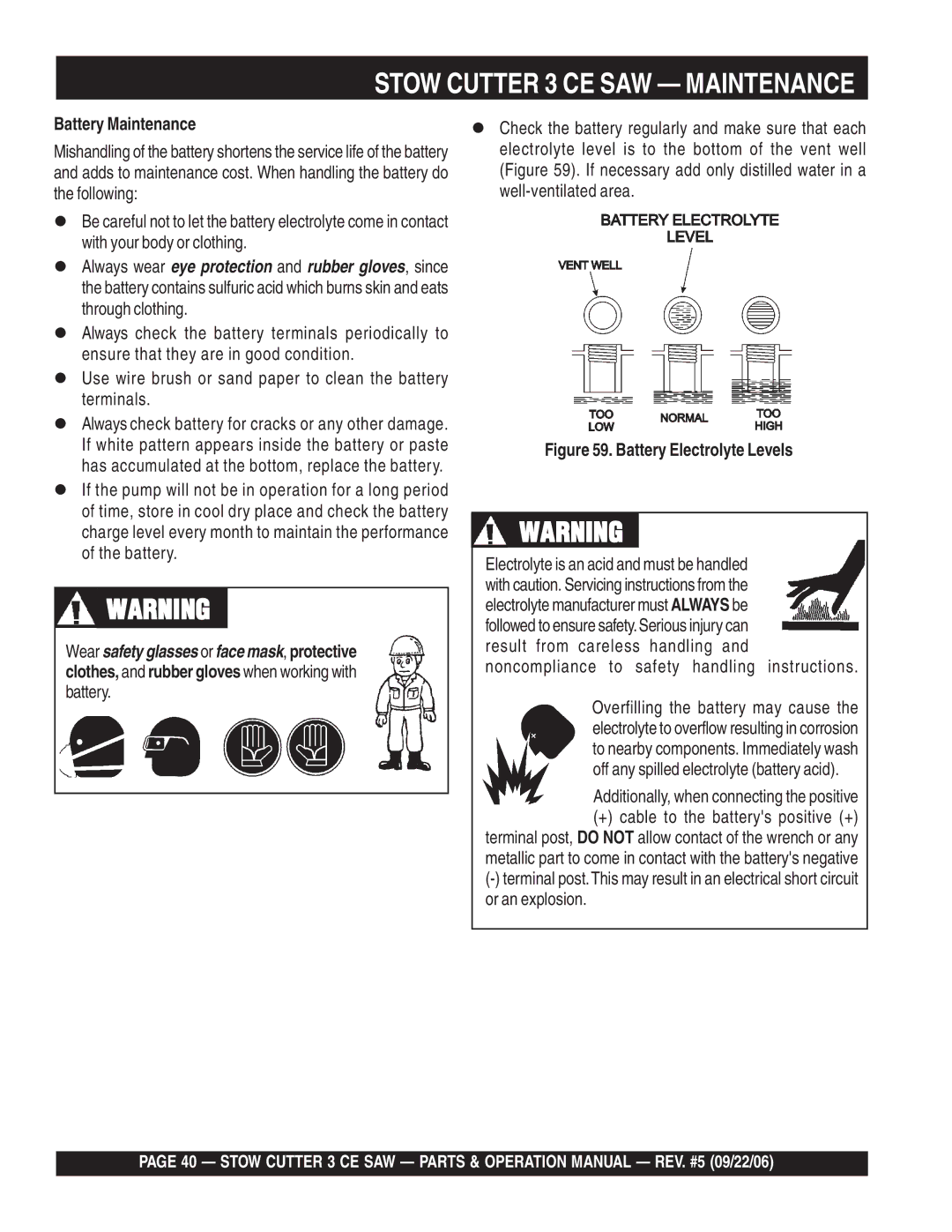 Stow 20HP, 13HP manual Battery Maintenance, Battery Electrolyte Levels 