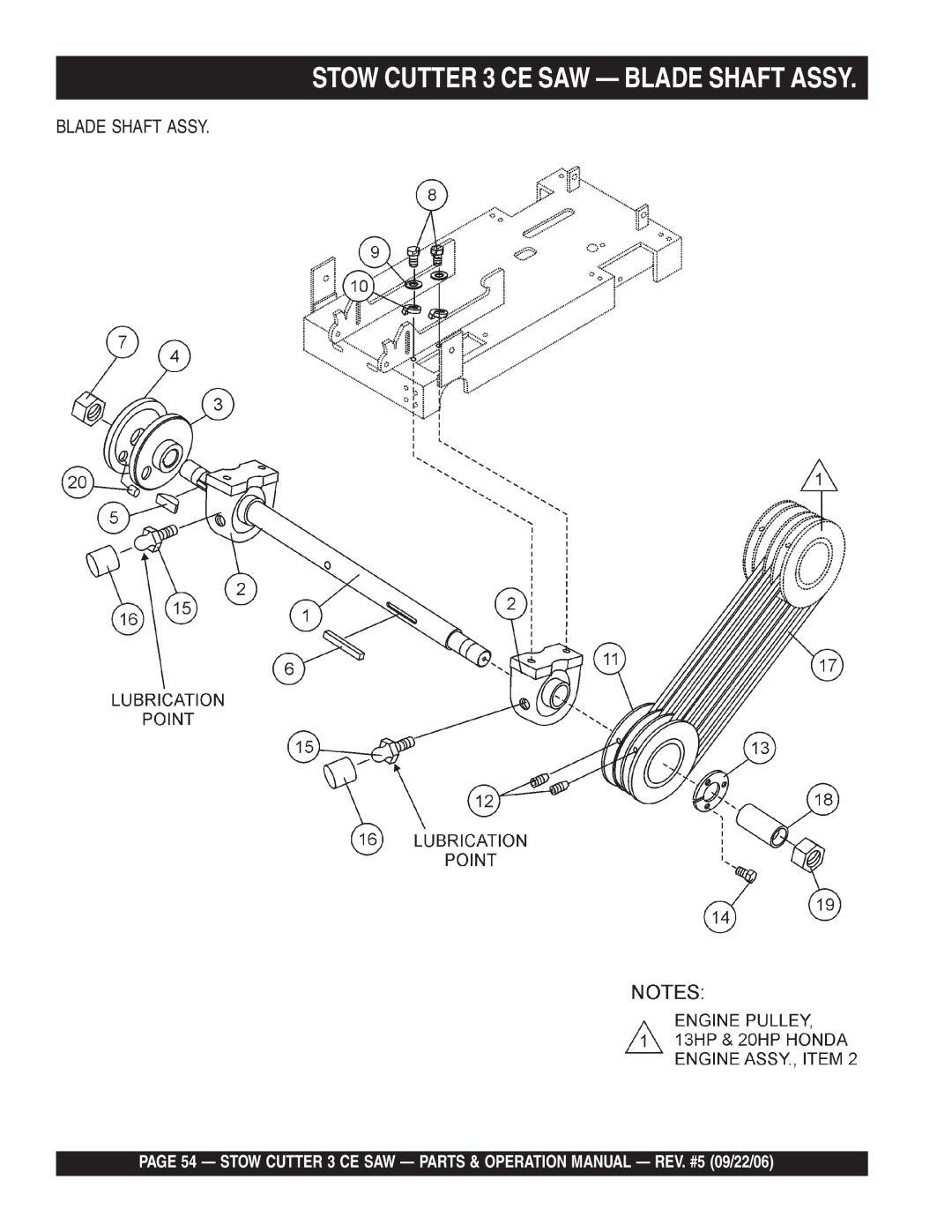 Stow 20HP, 13HP manual Stow Cutter 3 CE SAW Blade Shaft Assy 