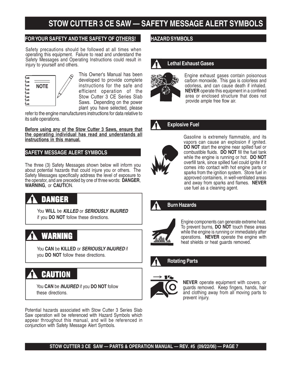 Stow 13HP, 20HP manual Stow Cutter 3 CE SAW Safety Message Alert Symbols, If you do not follow these directions 