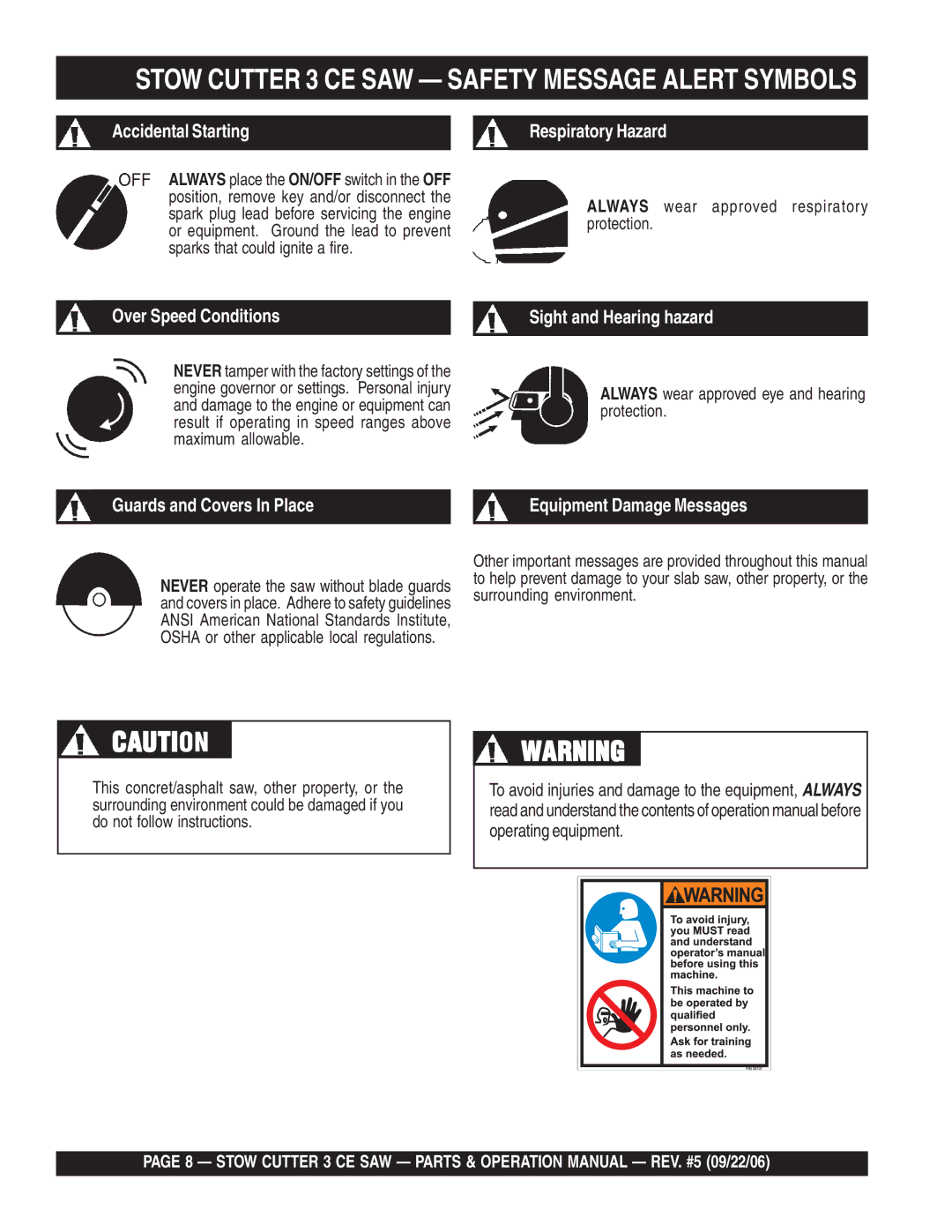 Stow 20HP, 13HP manual Always wear approved respiratory protection, Always wear approved eye and hearing protection 