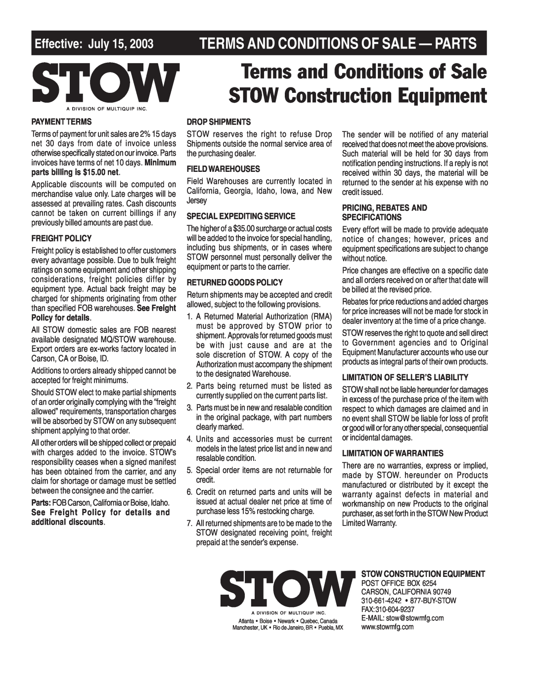 Stow 20HP, 13HP manual Terms And Conditions Of Sale - Parts, Effective July 15 