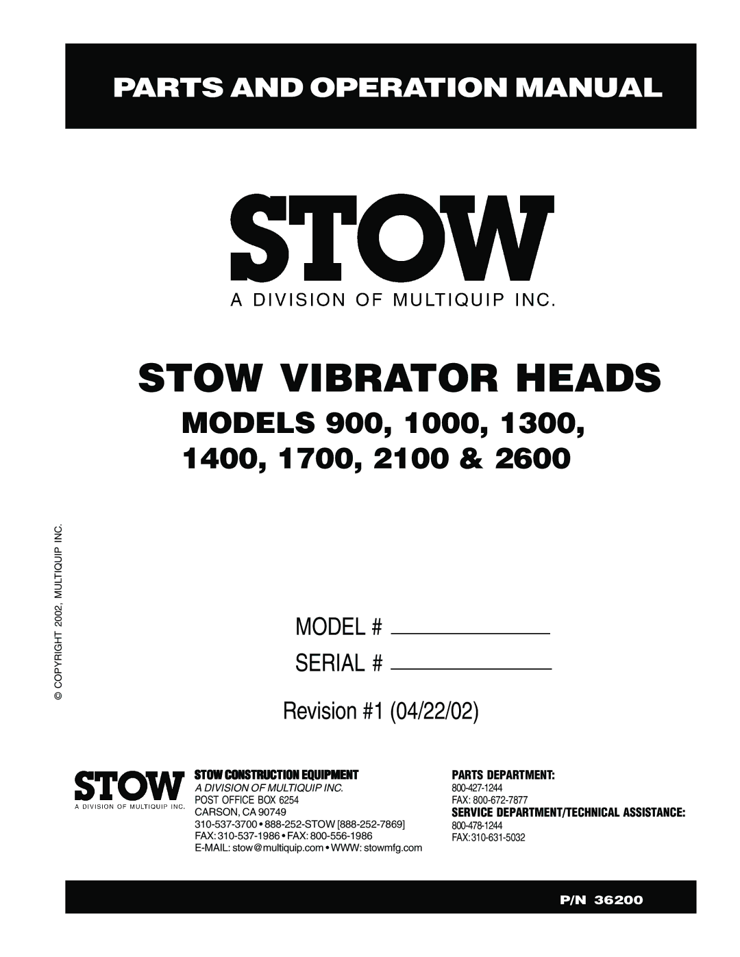 Stow 900, 2600, 1000, 1700, 1300, 1400, 2100 operation manual Stow Vibrator Heads 