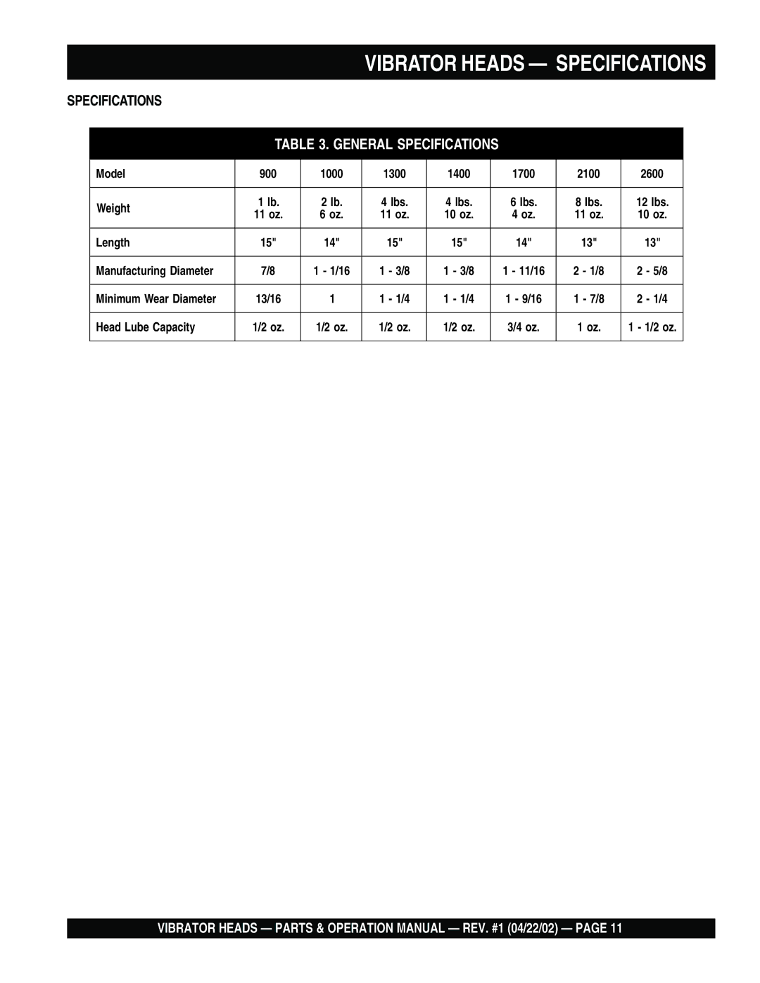 Stow 1300, 2600, 900, 1000, 1700, 1400, 2100 operation manual Vibrator Heads Specifications, General Specifications 