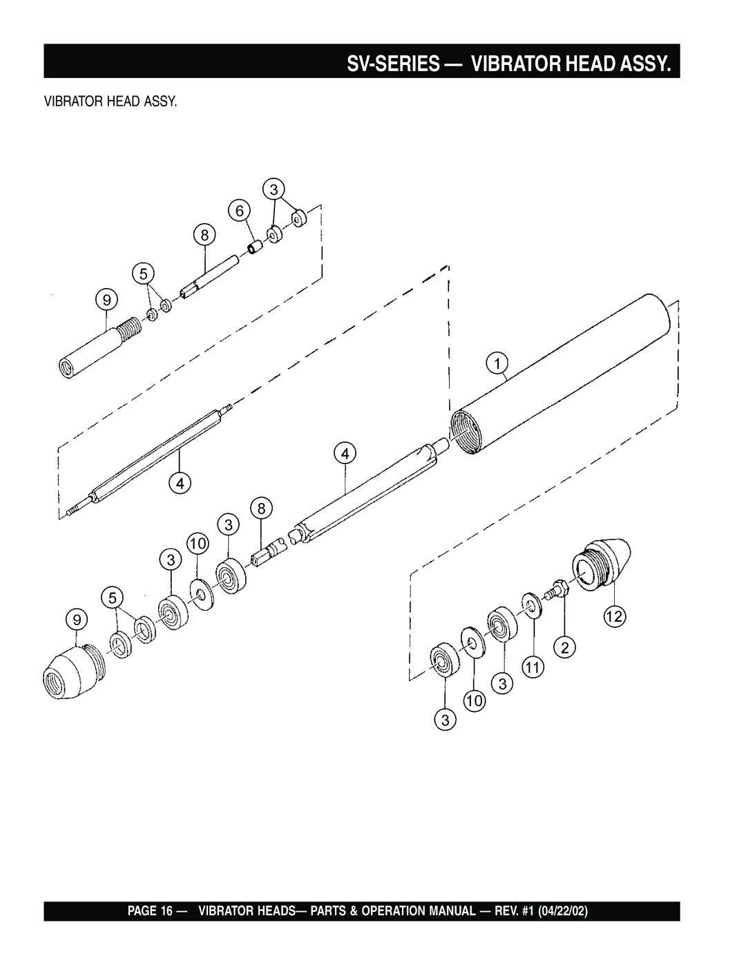 Stow 1000, 2600, 900, 1700, 1300, 1400, 2100 operation manual SV-SERIES Vibrator Head Assy 