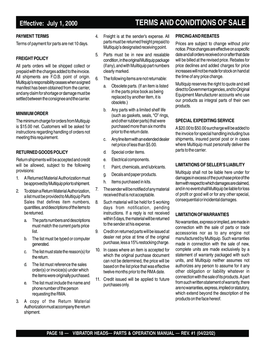 Stow 1300, 2600, 900, 1000, 1700, 1400, 2100 operation manual Terms and Conditions of Sale 