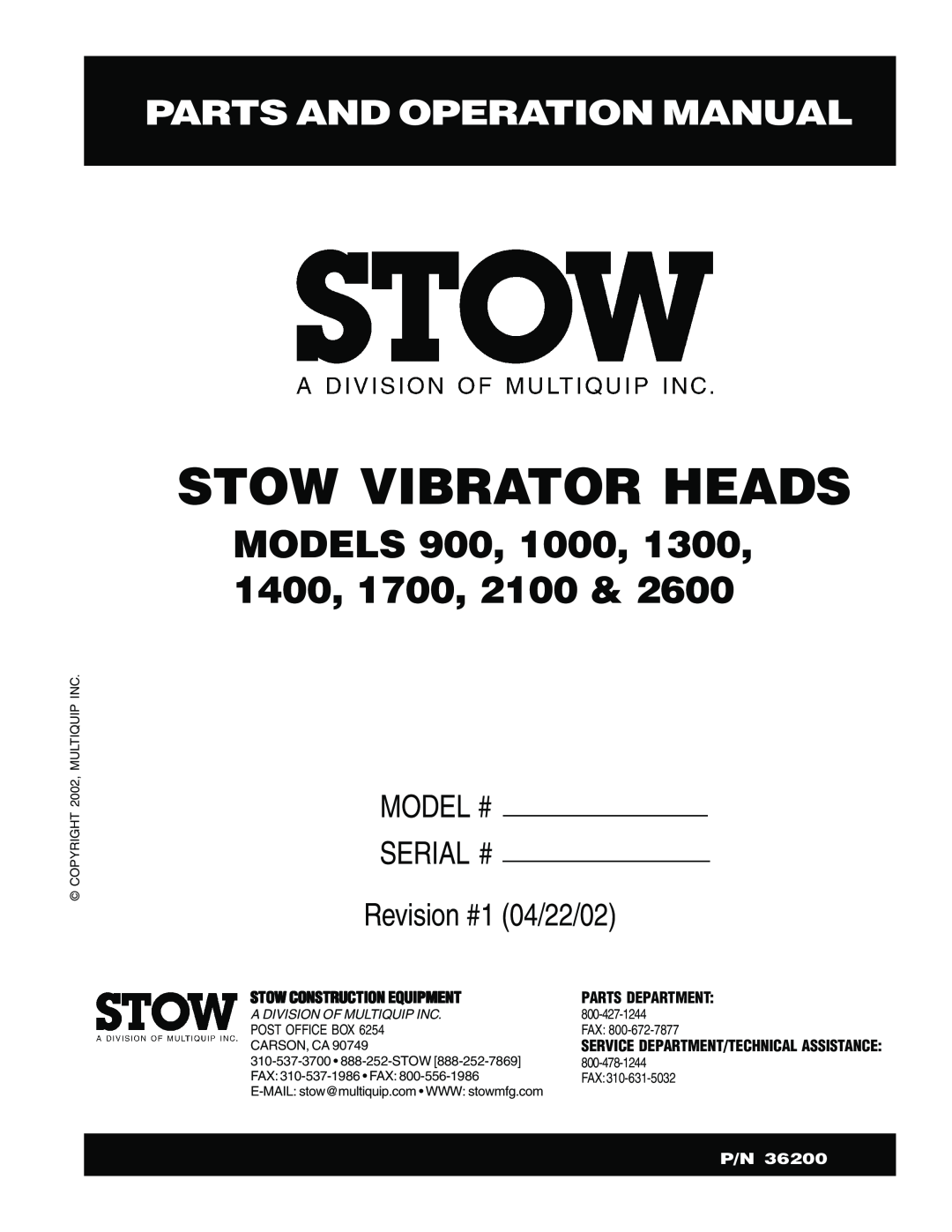 Stow 2600 operation manual Stow Vibrator Heads, Parts And Operation Manual, MODELS 900, 1000, 1300, 1400, 1700, 2100 