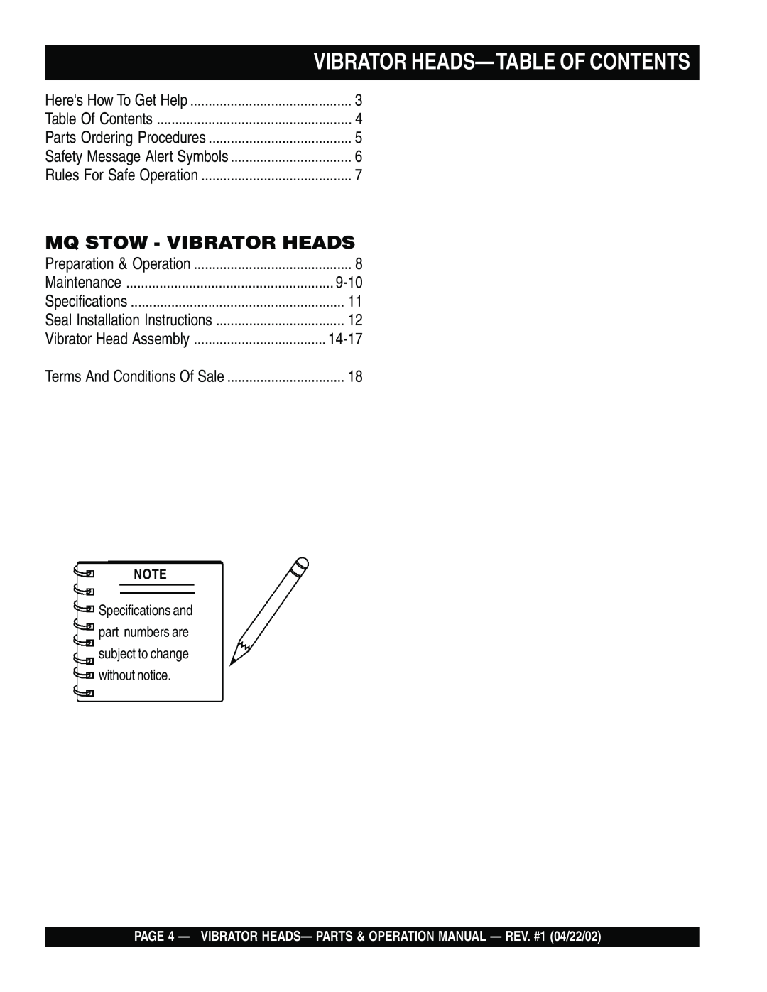 Stow 1300, 2600, 900 PAGE 4 - VIBRATOR HEADS- PARTS & OPERATION MANUAL - REV. #1 04/22/02, Mq Stow - Vibrator Heads, 9-10 