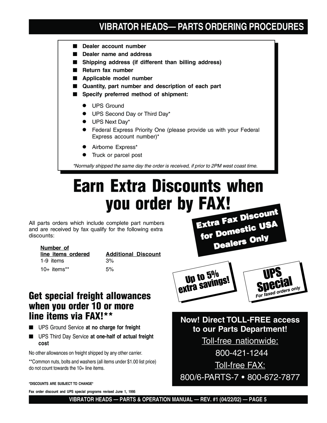 Stow 1400 Earn Extra Discounts when you order by FAX, Vibrator Heads- Parts Ordering Procedures, Domestic, Only, Dealers 