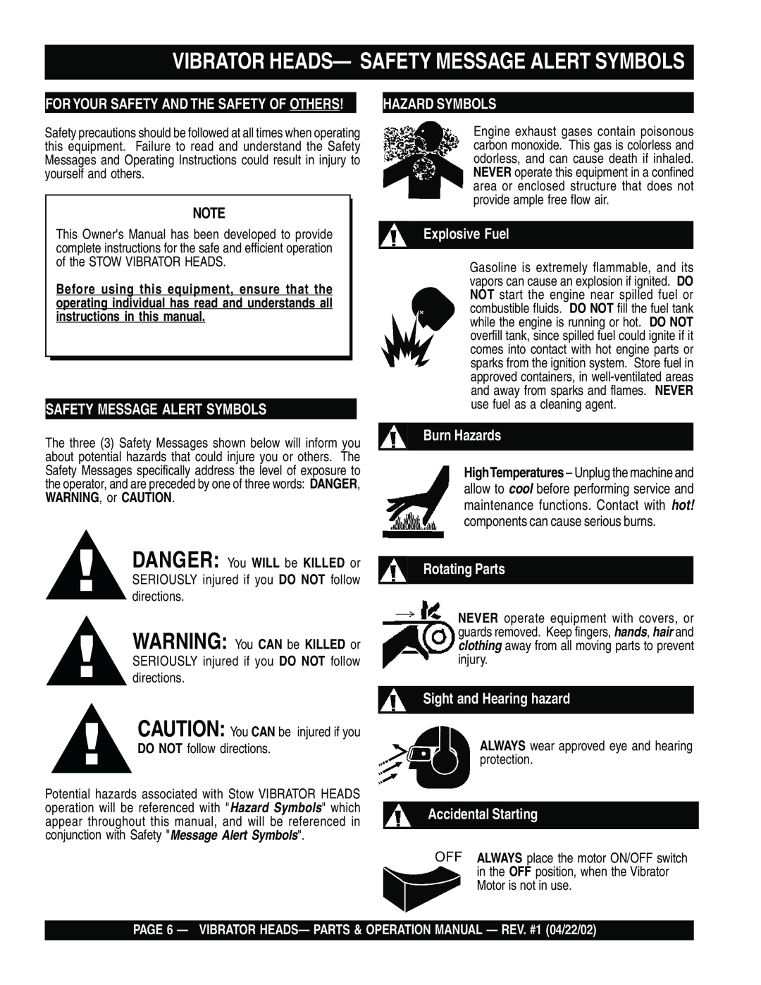 Stow 2100, 2600 Vibrator Heads- Safety Message Alert Symbols, Hazard Symbols, Explosive Fuel, Burn Hazards, Rotating Parts 
