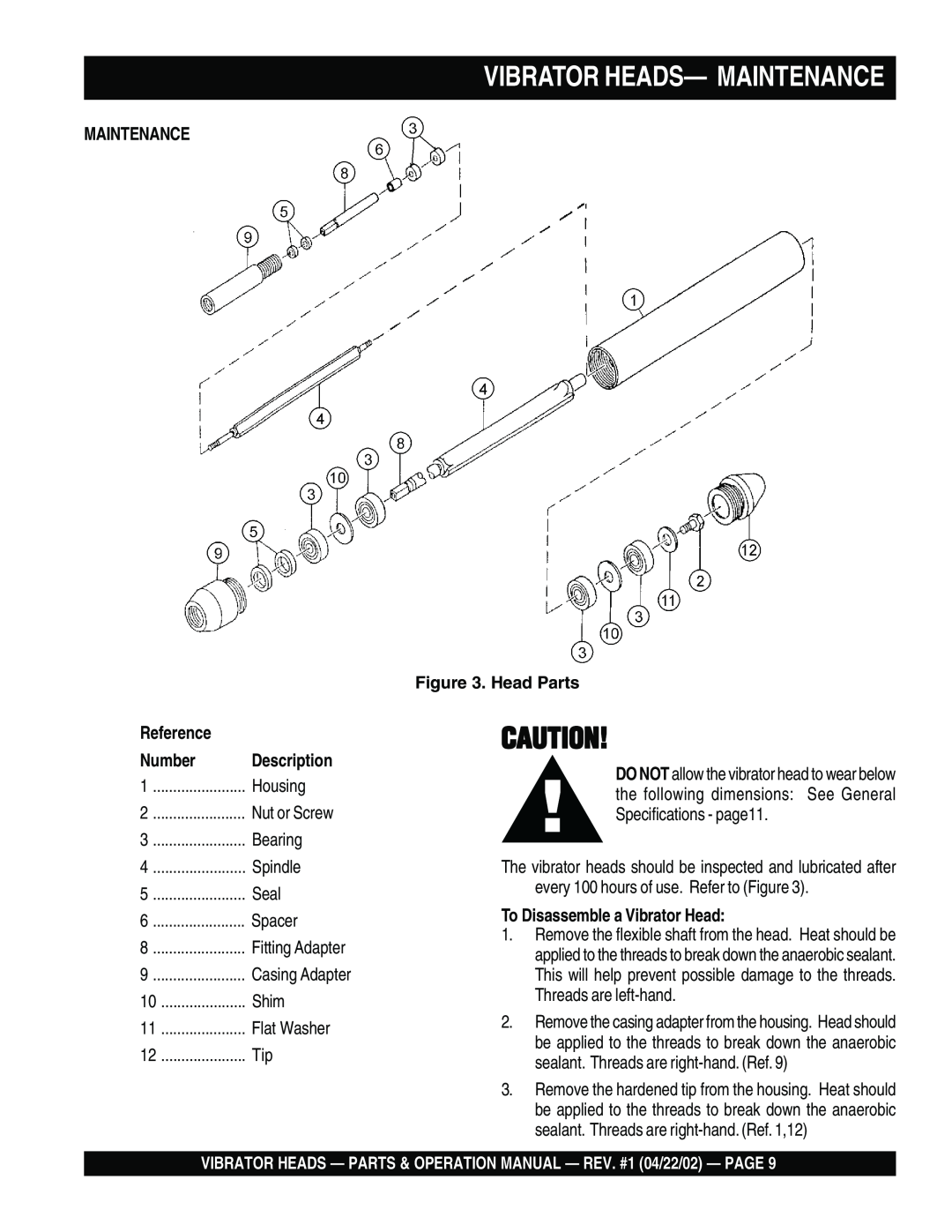 Stow 1000, 2600 Vibrator Heads- Maintenance, Reference, Number, Description, Head Parts, To Disassemble a Vibrator Head 