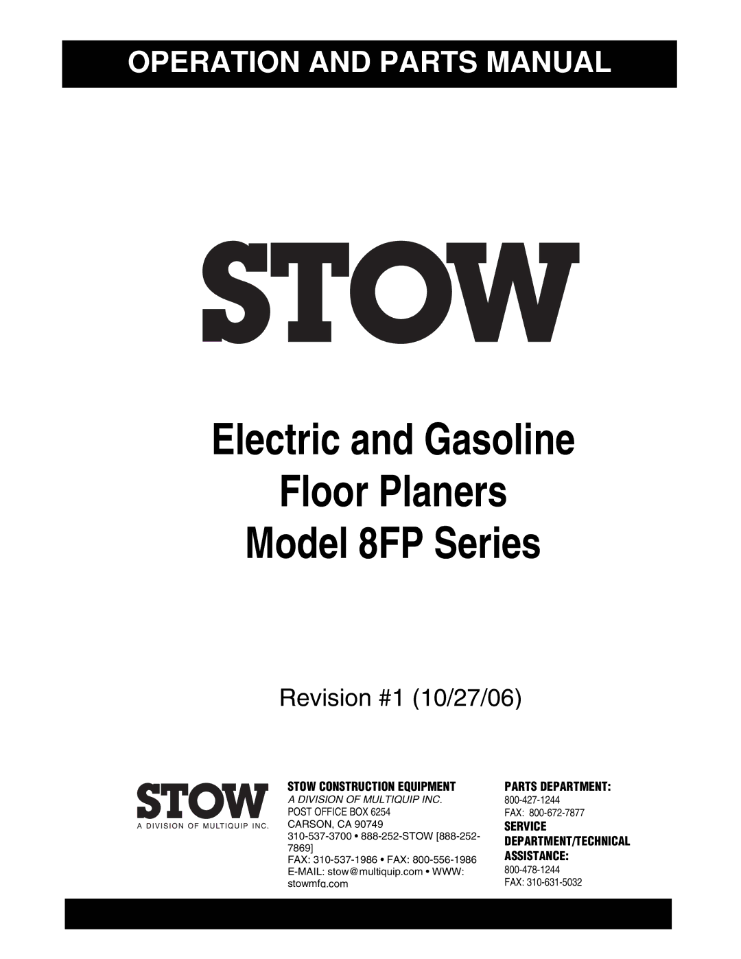 Stow manual Electric and Gasoline Floor Planers Model 8FP Series 