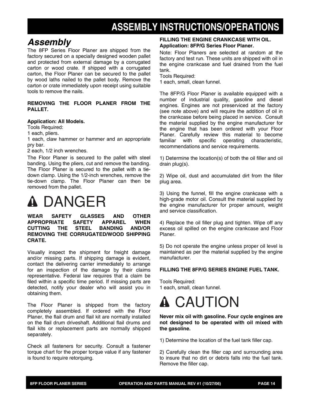 Stow manual Removing the Floor Planer from the Pallet, Application All Models, Filling the 8FP/G Series Engine Fuel Tank 