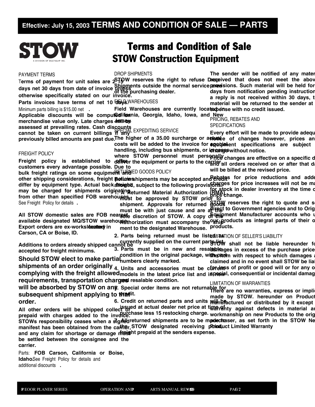 Stow 8FP manual Payment Terms, Freight Policy, Drop Shipments, Field Warehouses, Special Expediting Service 