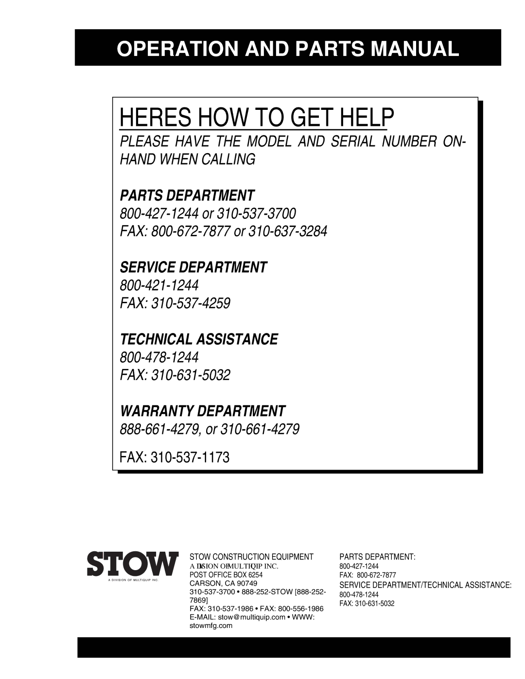 Stow 8FP manual Heres HOW to GET Help 