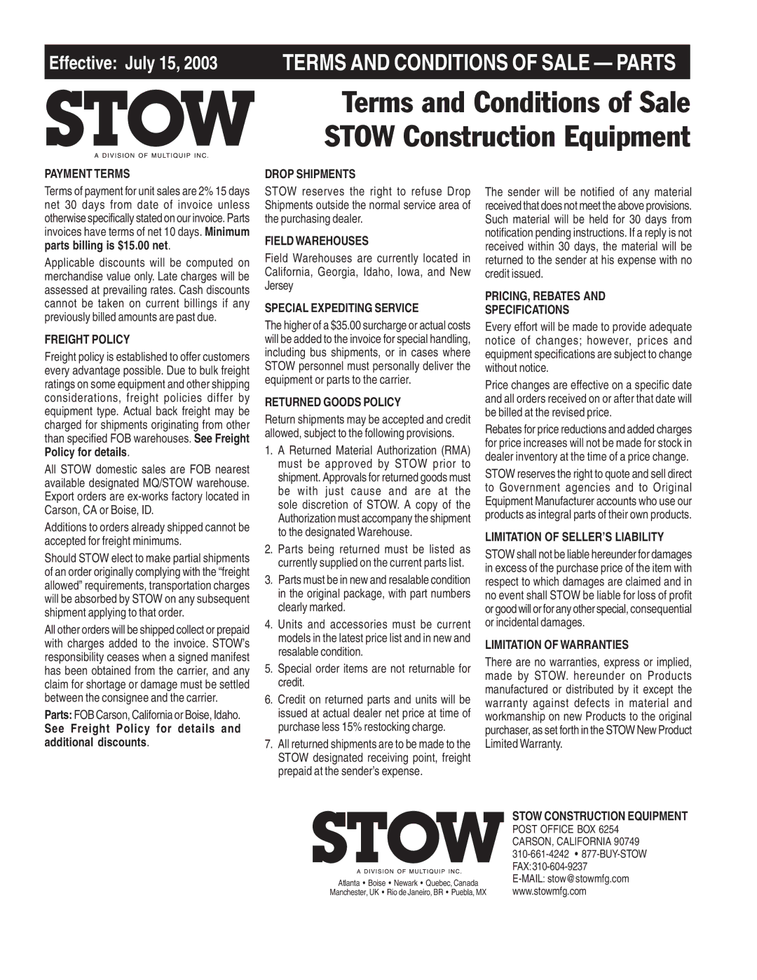 Stow CC813H20, CS813H20, CS820H20 manual Terms and Conditions of Sale 