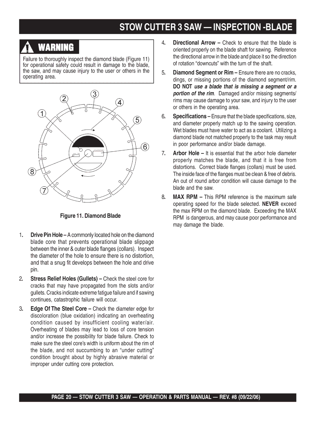 Stow CS820H20, CC813H20, CS813H20 manual Stow Cutter 3 SAW Inspection -BLADE 