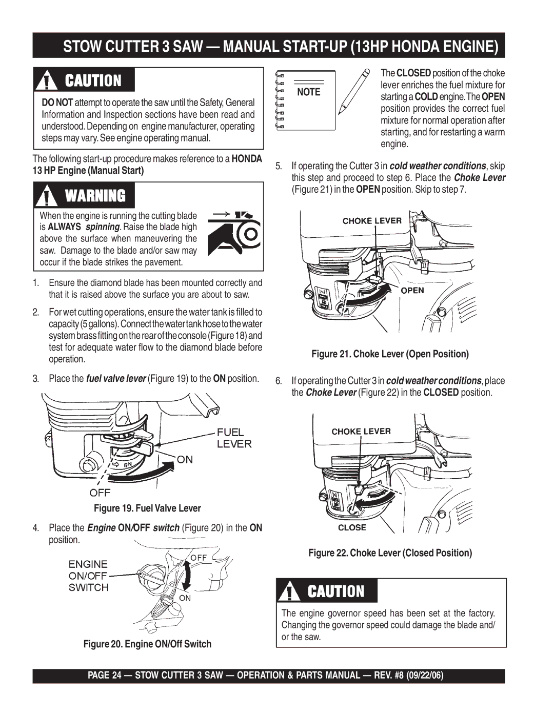 Stow CC813H20, CS813H20, CS820H20 manual Stow Cutter 3 SAW Manual START-UP 13HP Honda Engine, Fuel Valve Lever 