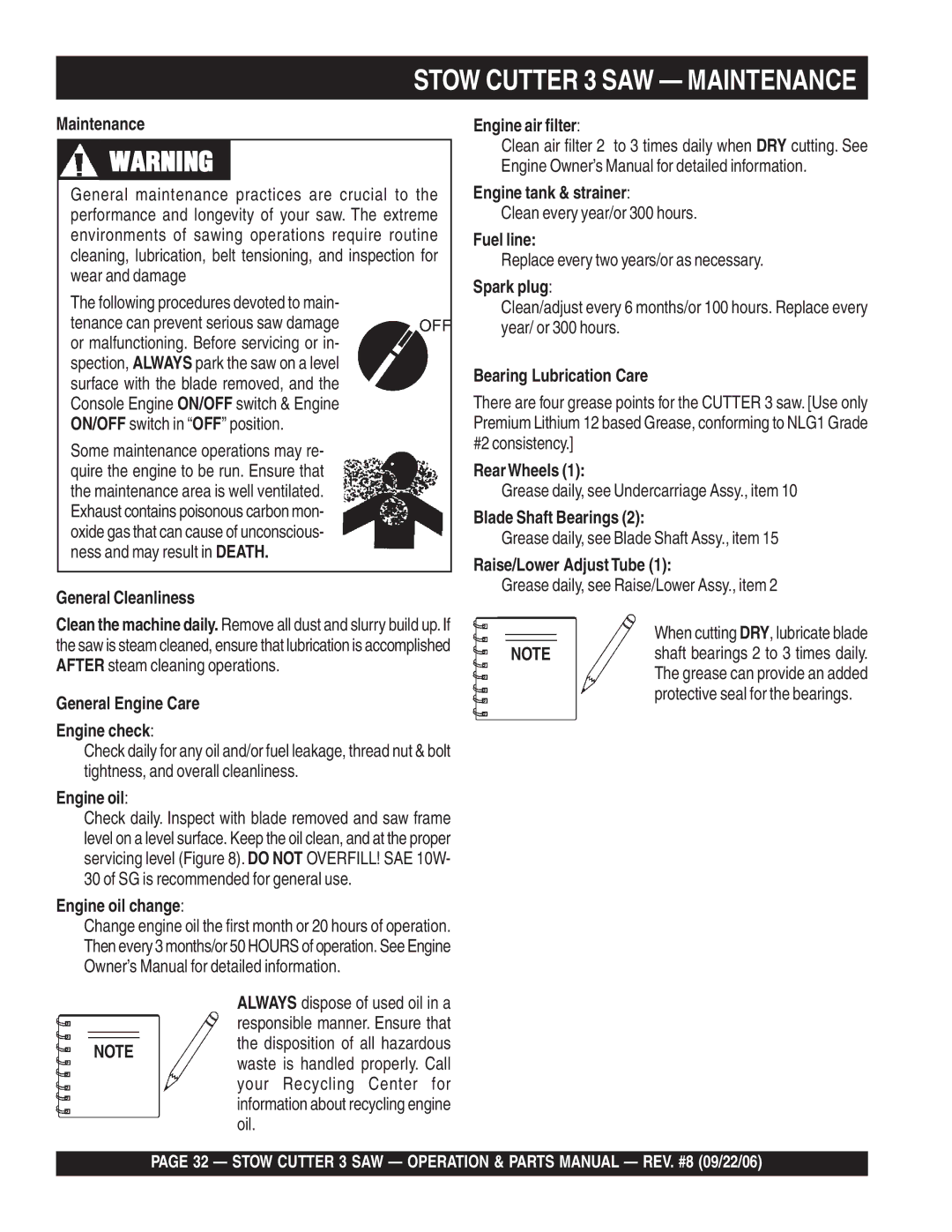 Stow CS820H20 manual Maintenance, General Cleanliness, General Engine Care Engine check, Engine oil change, Fuel line 