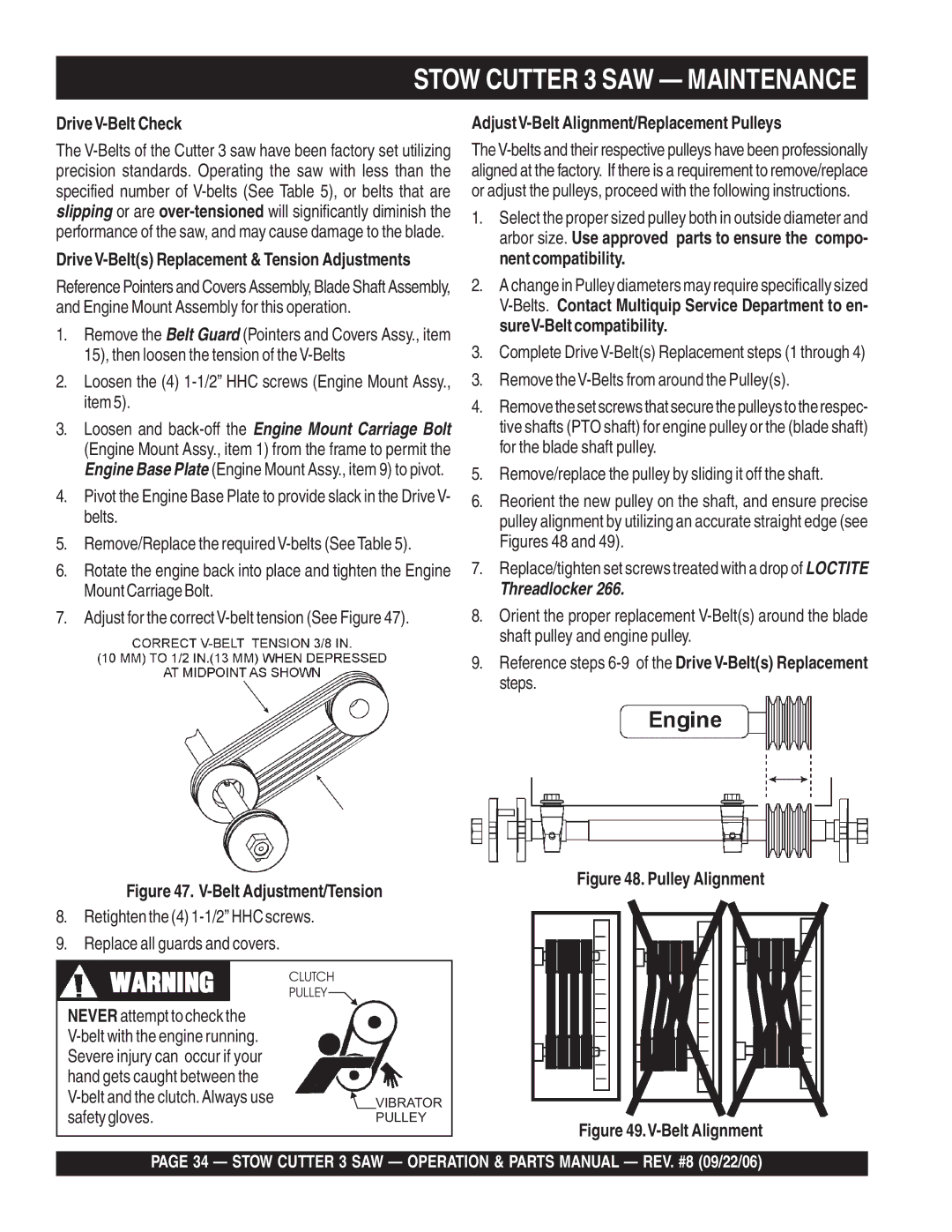 Stow CS813H20, CC813H20, CS820H20 manual DriveV-Belt Check, AdjustV-Belt Alignment/Replacement Pulleys 