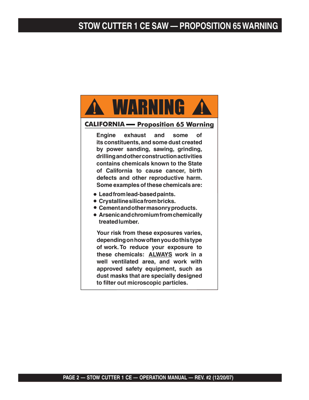 Stow CD6CE13H18 operation manual Stow Cutter 1 CE SAW Proposition 65 Warning 