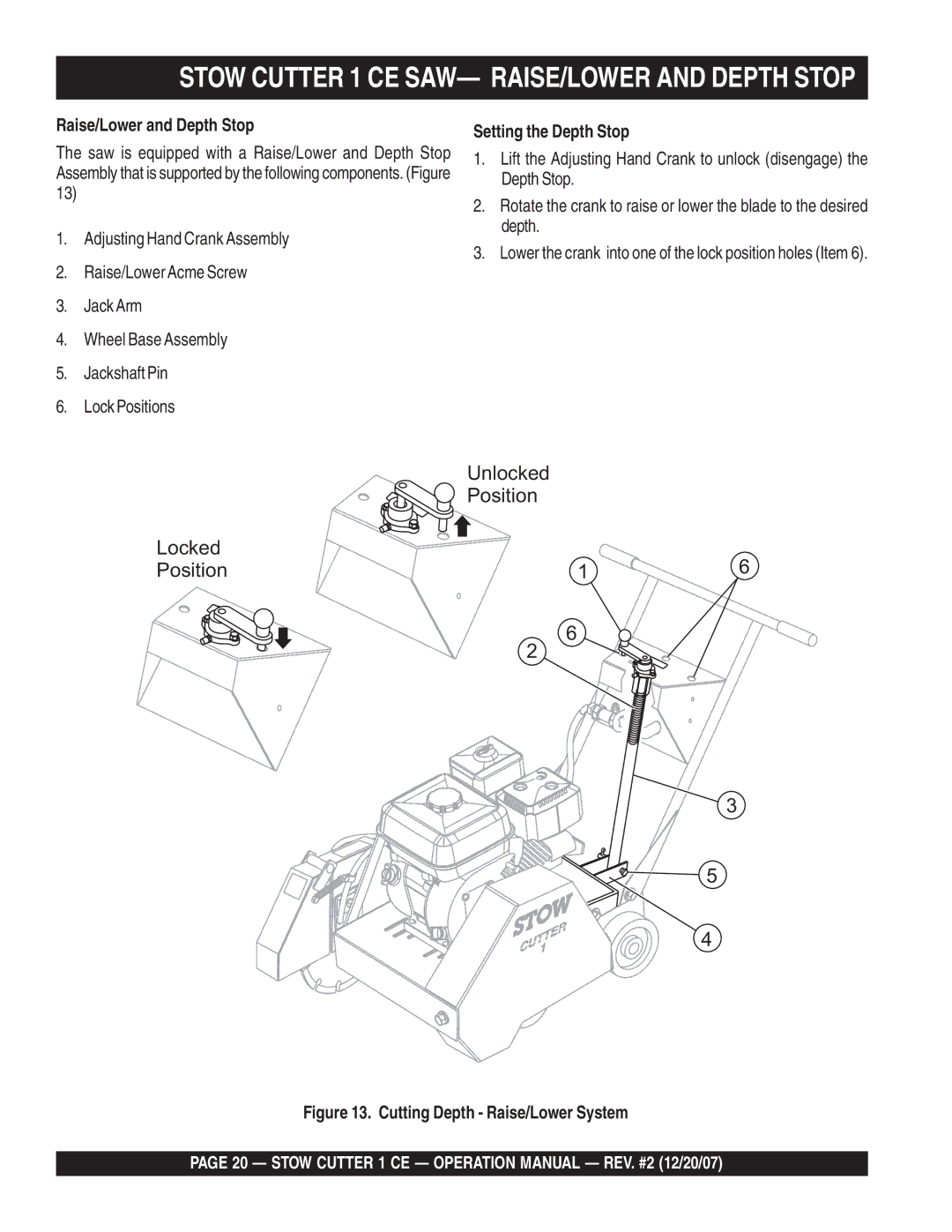 Stow CD6CE13H18 Stow Cutter 1 CE SAW- RAISE/LOWER and Depth Stop, Raise/Lower and Depth Stop, Setting the Depth Stop 