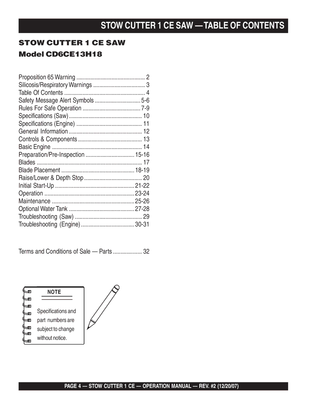 Stow CD6CE13H18 operation manual Stow Cutter 1 CE SAW Table of Contents 