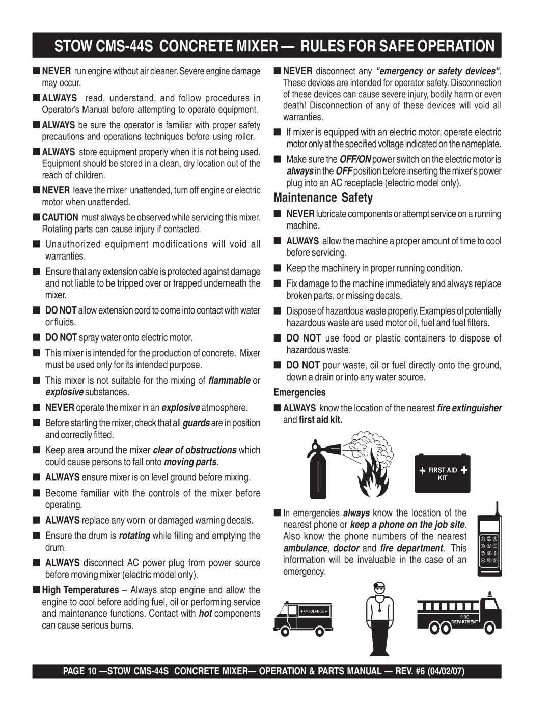 Stow manual Stow CMS-44S Concrete Mixer Rules for Safe Operation, Emergencies 